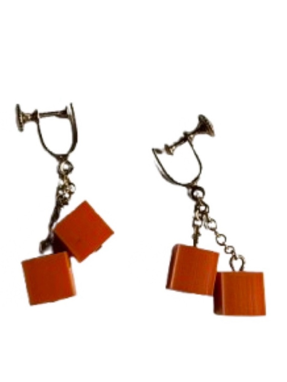 MCM Lucite Plastic Screw Back Orange Cube Gold Tone Dangle Earrings 1960s